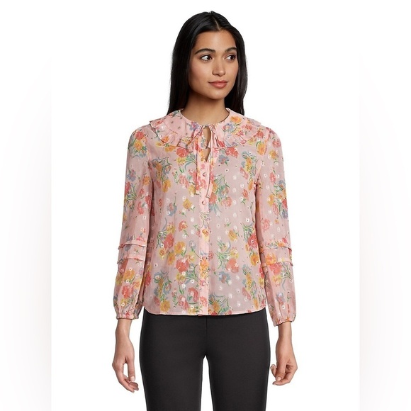 Lipsy Tops - Lipsy Button-Front Multicolour Metallic Floral Top Boho Cottagecore Size 10